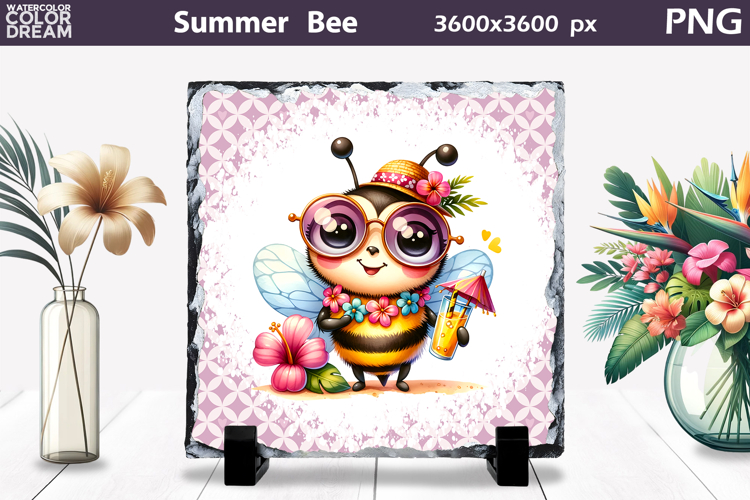 Summer Bee with Plumeria Slate | Tropical Animal Sublimation