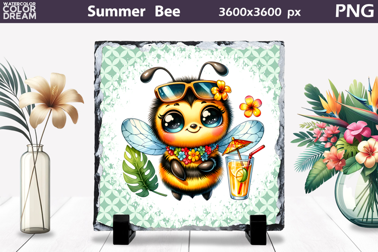 Summer Bee with Plumeria Slate | Tropical Animal Sublimation
