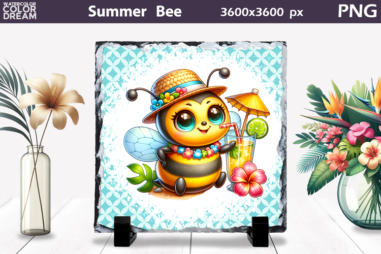 Summer Bee with Plumeria Slate | Tropical Animal Sublimation