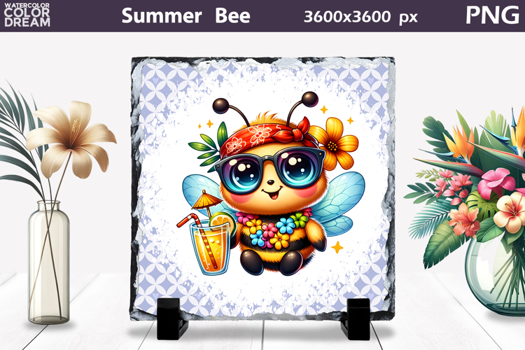 Summer Bee with Plumeria Slate | Tropical Animal Sublimation