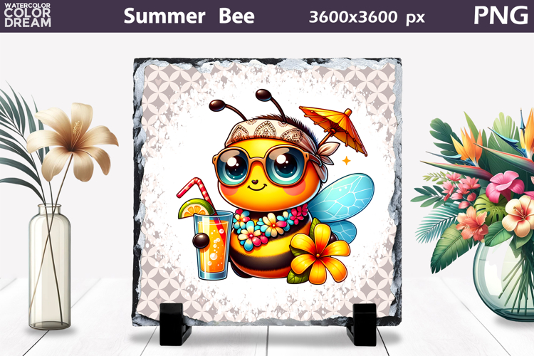 Summer Bee with Plumeria Slate | Tropical Animal Sublimation