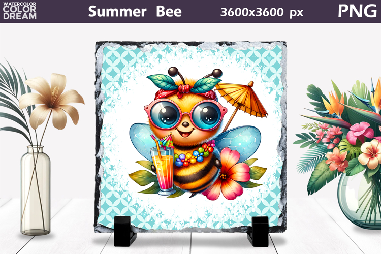 Summer Bee with Plumeria Slate | Tropical Animal Sublimation