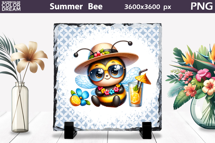 Summer Bee with Plumeria Slate | Tropical Animal Sublimation