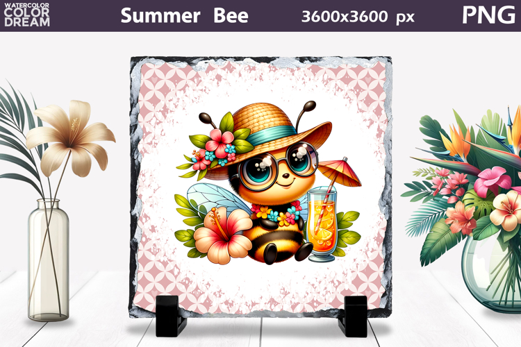 Summer Bee with Plumeria Slate | Tropical Animal Sublimation
