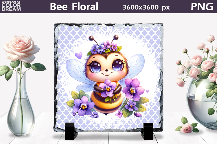 Bee Floral Slate Design | Cute Animal Sublimation Design