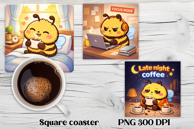 Funny bees coffee square coaster | Coffee mood bees coaster