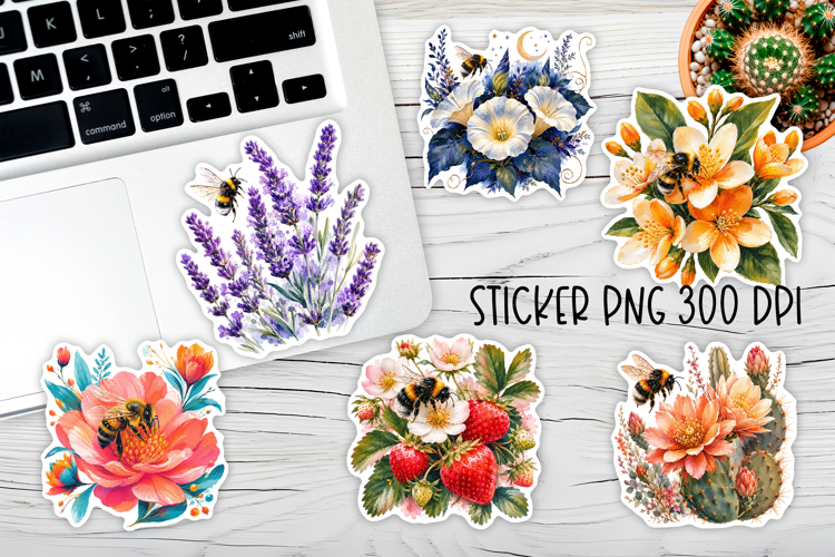 Bee flower stickers printable | Summer stickers PNG design example image 1