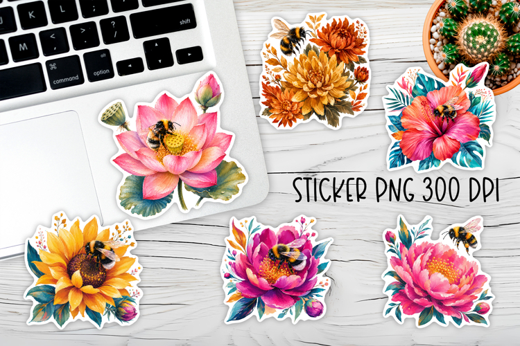 Bee flower stickers printable | Summer stickers PNG design example image 1