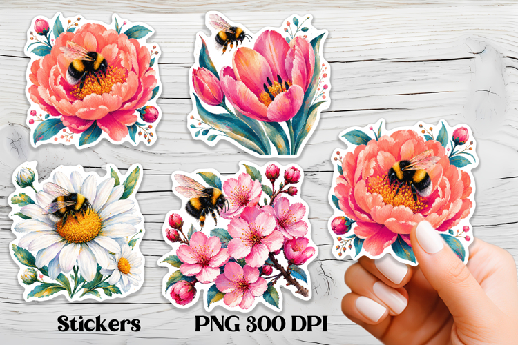 Bee flower stickers printable | Summer stickers PNG design example image 1