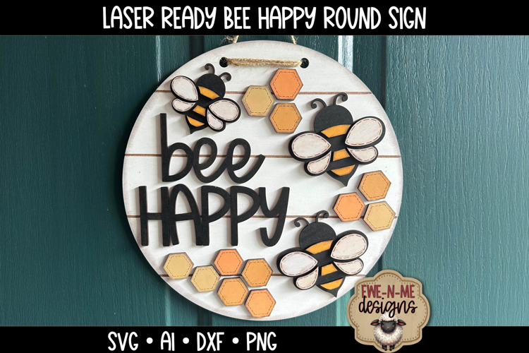 Bee Happy Honeycomb Round Door Hanger | Cute Bee Laser SVG
