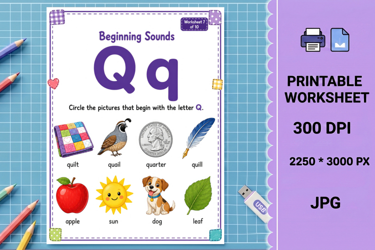 Letter q uppercase beginning sounds printable worksheet
