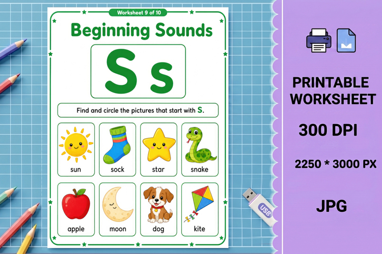 Letter s phonics sound beginning sounds printable worksheet
