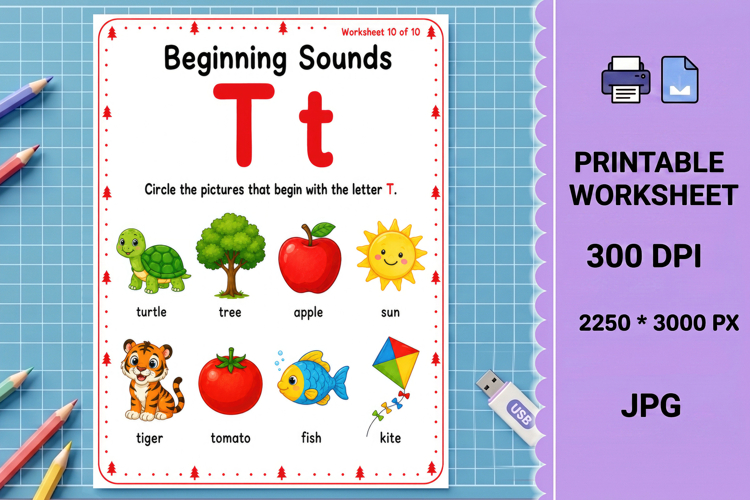 Letter t phonics beginning sounds printable worksheet