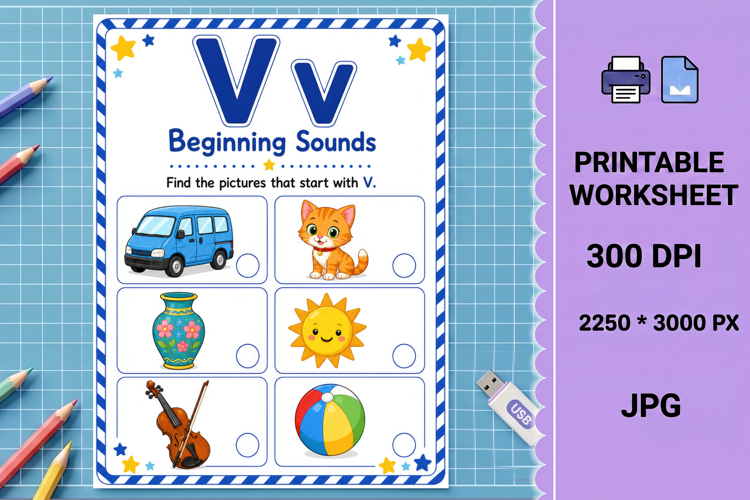 Letter v uppercase beginning sounds printable worksheet