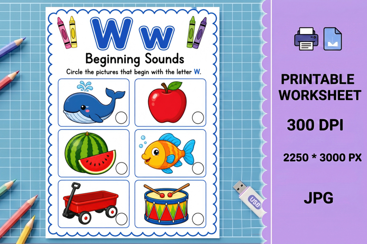 Letter w phonics beginning sounds printable worksheet