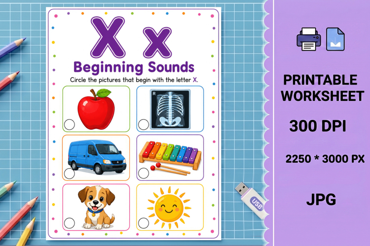 Letter x uppercase beginning sounds printable worksheet