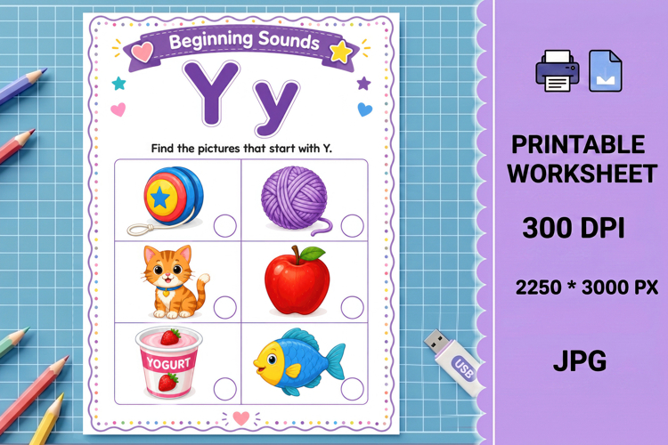 Letter y uppercase beginning sounds printable worksheet