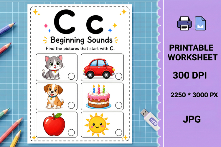 Letter c phonics beginning sounds printable worksheet example image 1