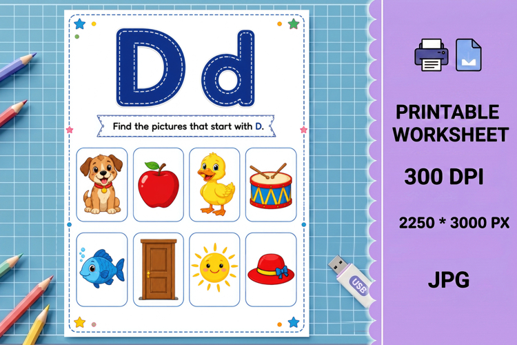 Letter d alphabet beginning sounds printable worksheet