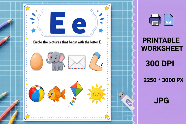 Letter e uppercase beginning sounds printable worksheet