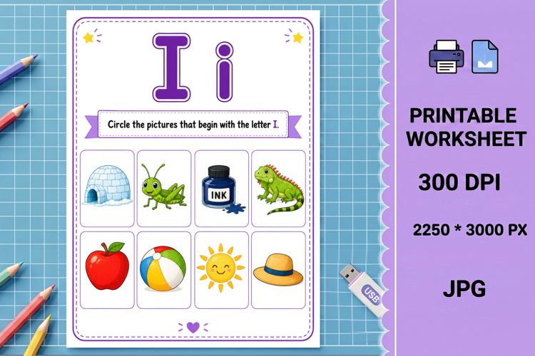 Letter i alphabet beginning sounds printable worksheet