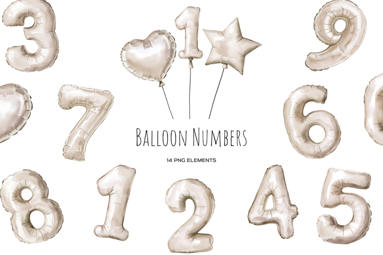 Watercolor beige balloon numbers clipart. -9 balloon digits