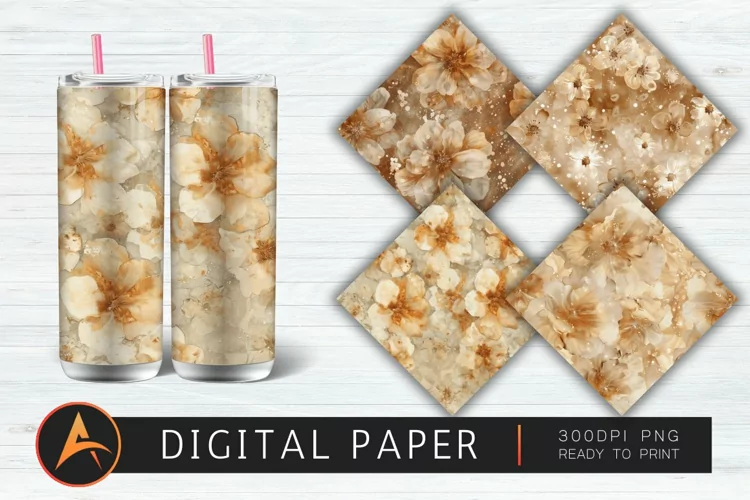 Beige Glitter Alcohol Ink Flower Digital Paper Pattern