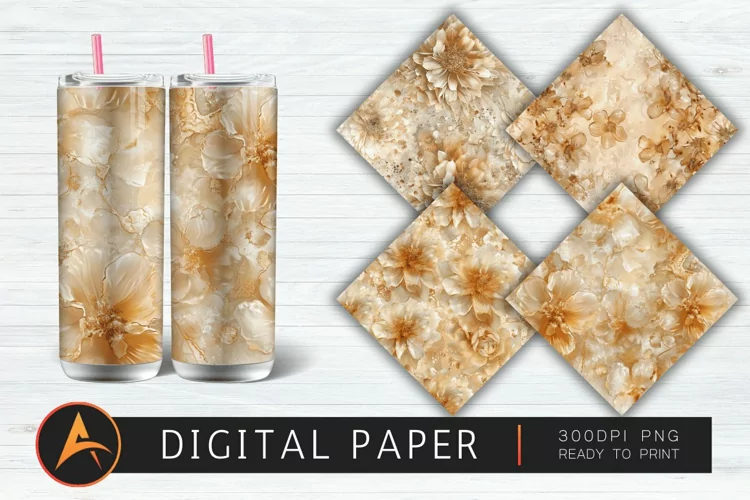 Beige Glitter Alcohol Ink Flower Digital Paper