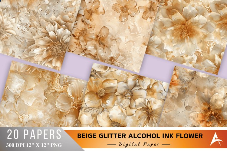 Beige Glitter Alcohol Ink Flower Digital Paper Bundle