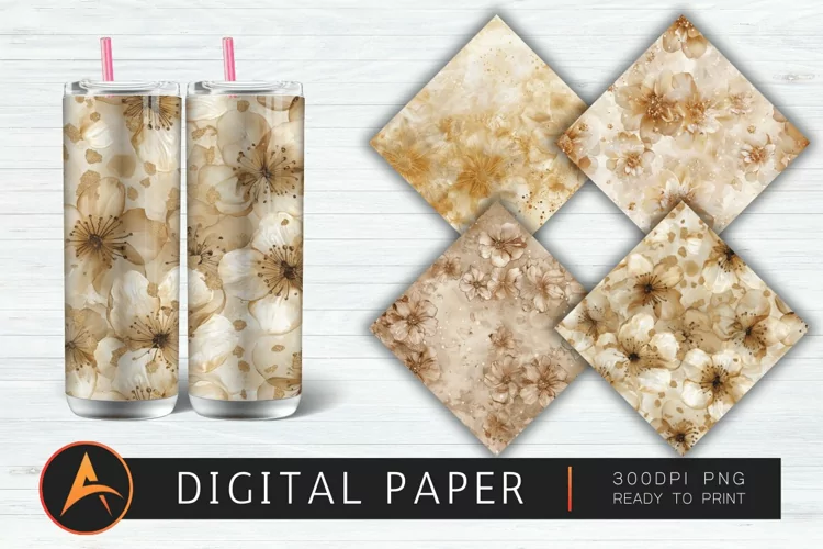 Beige Glitter Alcohol Ink Flower Digital Paper