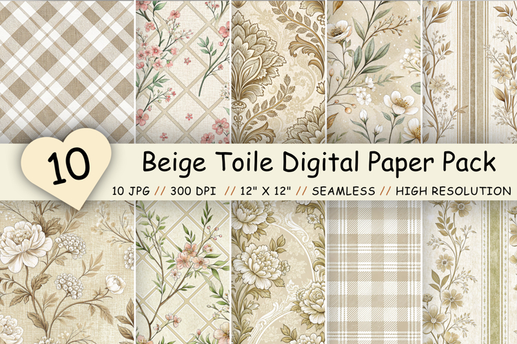 Beige Toile Digital Paper Pack, Vintage Floral Toile