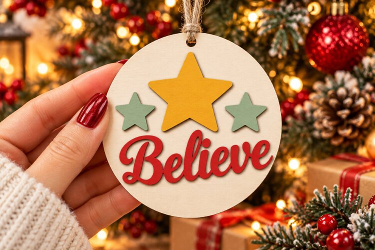 Believe Bauble Laser Cut Wood File, Christmas Ornament SVG example image 1
