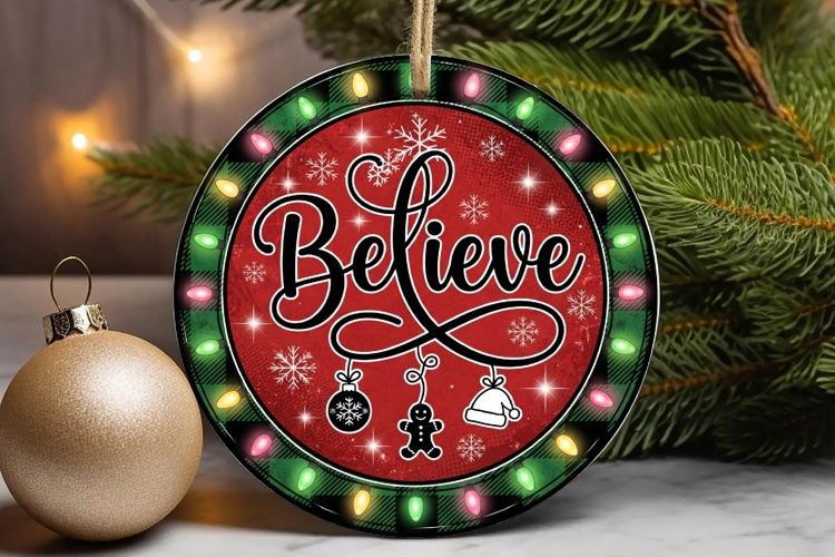 Believe Christmas Lights Plaid Ornament example image 1