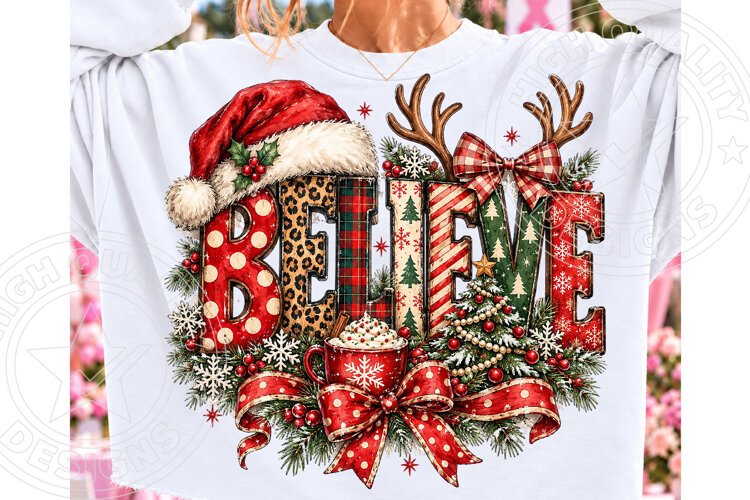 Believe Christmas PNG | Vintage Plaid & Leopard Sublimation example image 1