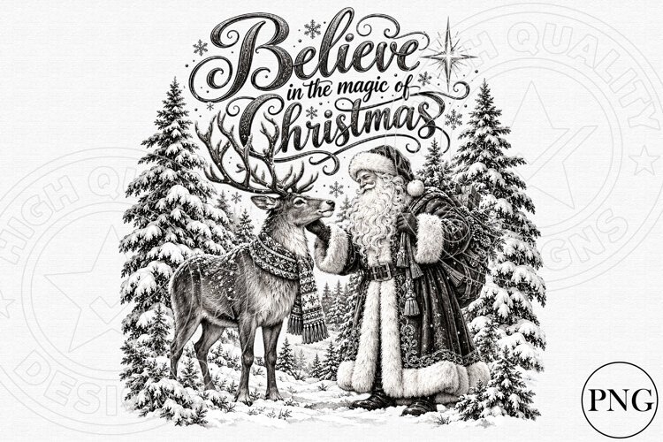 Believe in the Magic of Christmas PNG | Vintage Santa & Rein example image 1