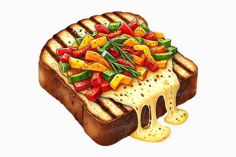 Bell Pepper Cheese Toast Watercolor Breakfast Snack PNG