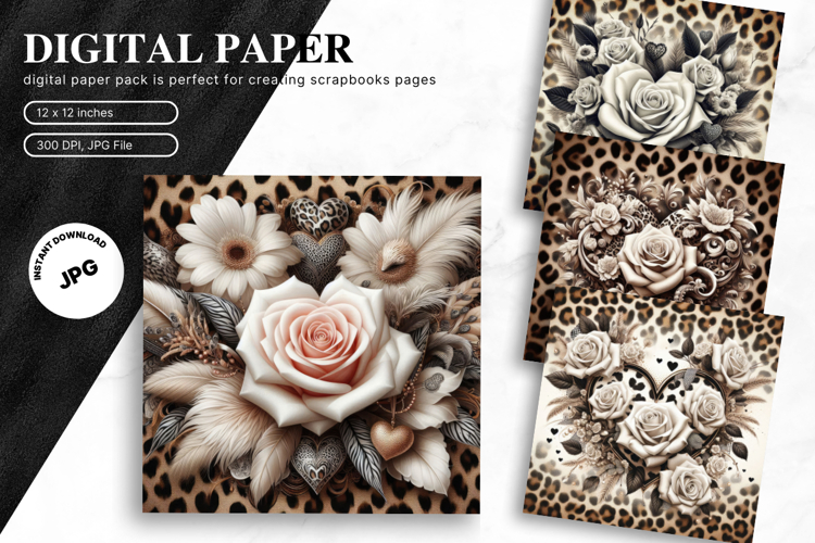 Flower Leopard Heart Background Wallpaper Valentine Wallart example image 1