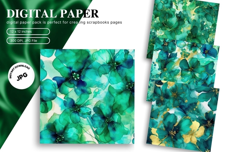 Green Watercolor Alcohol Ink Background Digital Paper