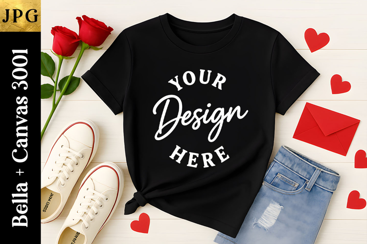 Bella Canvas 3001 Valentine Mockup | Black T-Shirt