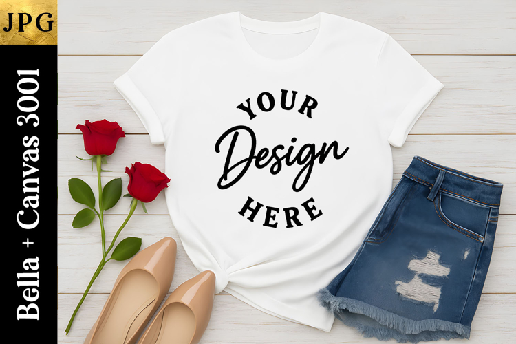 Bella Canvas 3001 Valentine Mockup | Clean White Flat Lay