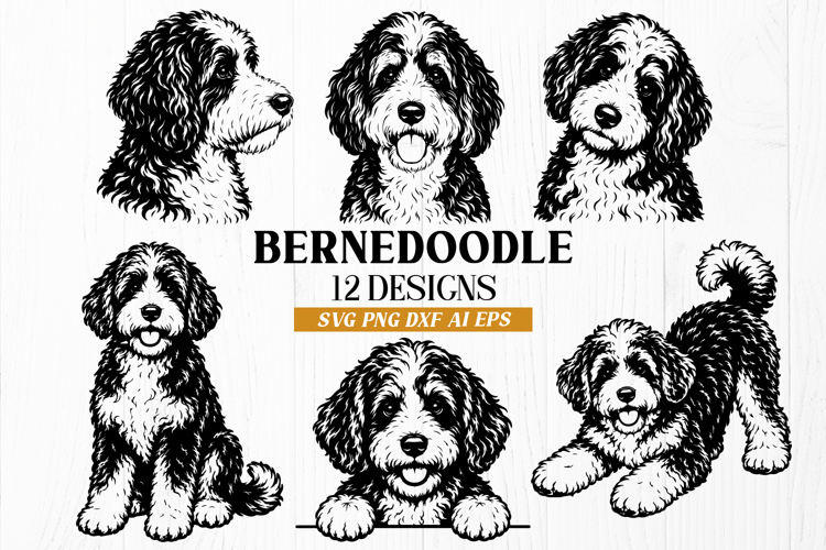 Bernedoodle SVG Bundle, 12 Dog Poses PNG DXF AI EPS