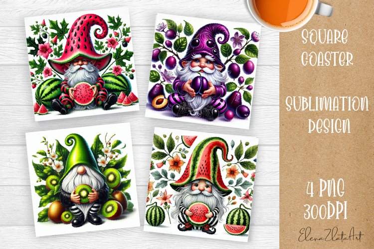 Cute berry gnome square coaster Sublimation PNG