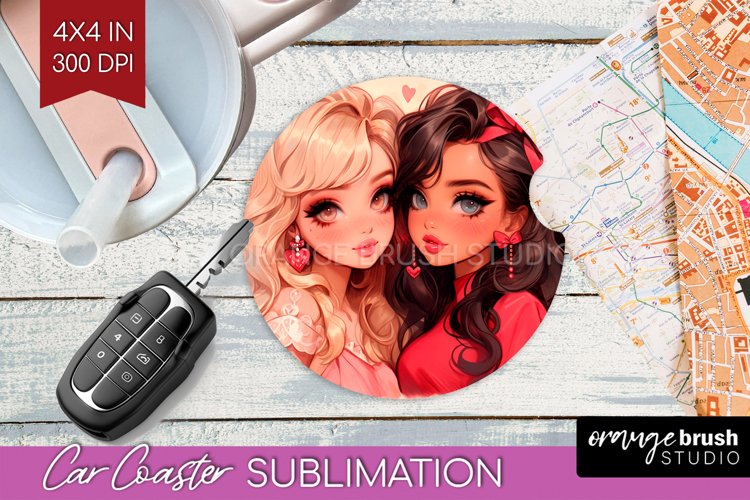 Valentine Girl Car Coaster - BFF Coaster PNG Sublimation