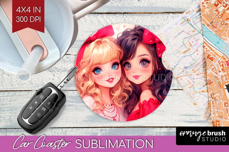 Valentine Girl Car Coaster - BFF Coaster PNG Sublimation
