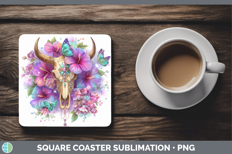 Best Sellers 01 Rainbow Summer Cow Skull Square Coaster Subl