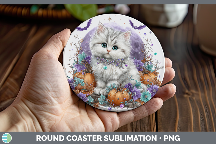 Best Sellers 03 Cute Halloween White Cat Round Coaster Subli
