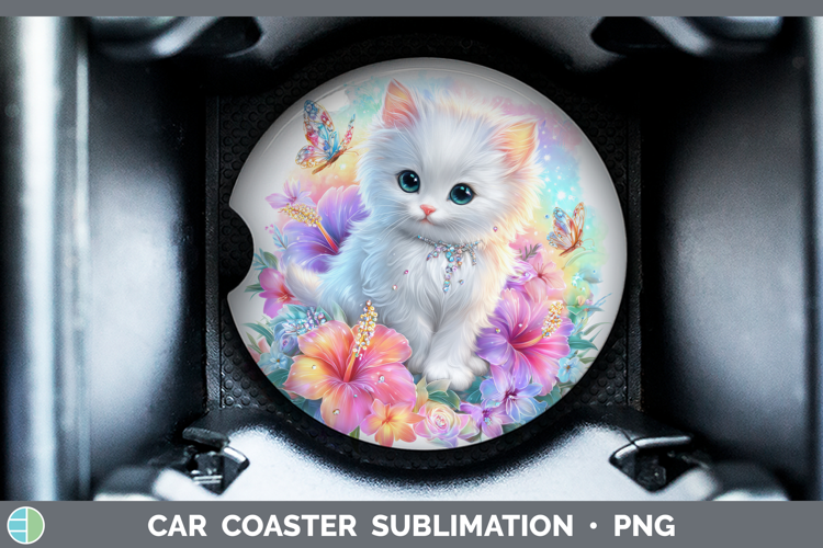 Best Sellers 03 Rainbow Summer White Cat Car Coaster Sublima