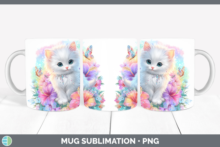 Best Sellers 03 Rainbow Summer White Cat Mug Wrap Sublimatio