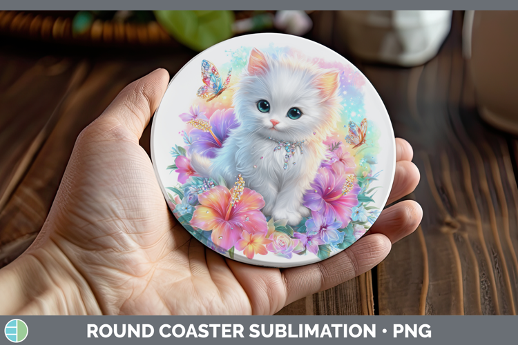 Best Sellers 03 Rainbow Summer White Cat Round Coaster Subli