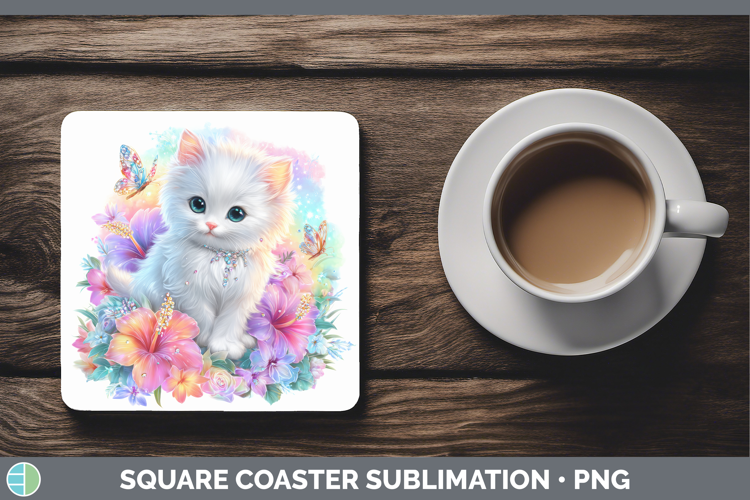 Best Sellers 03 Rainbow Summer White Cat Square Coaster Subl